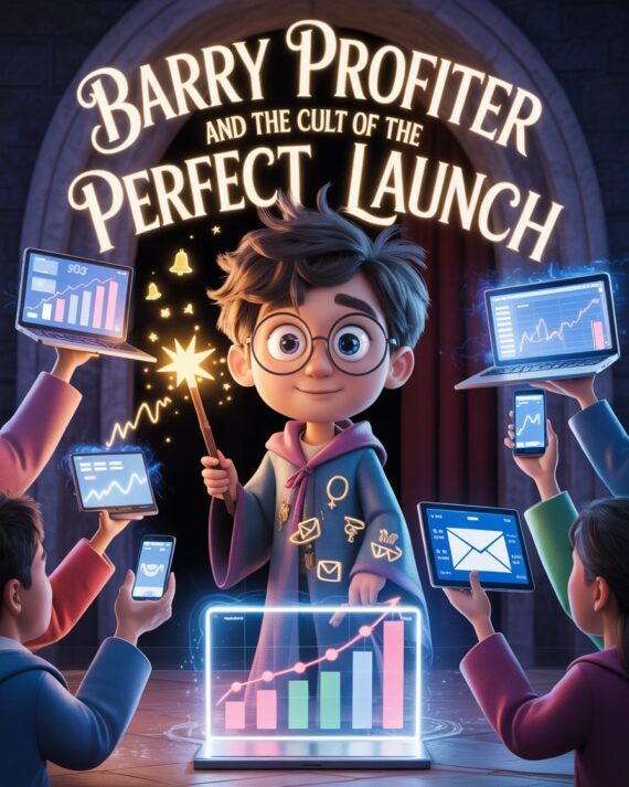 Cartoon-style illustration of a wizard-like entrepreneur watching robed figures performing a dramatic product launch ritual with laptops, countdown timers, and glowing sales charts.