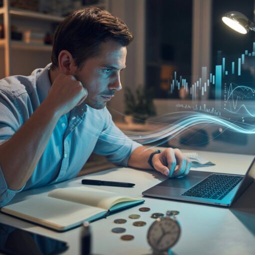 Male affiliate marketer at a desk with laptop, notebook and clock, focused on starting a weekly income challenge.