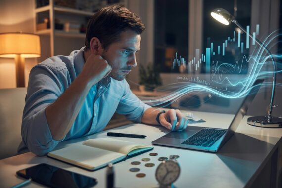 Male affiliate marketer at a desk with laptop, notebook and clock, focused on starting a weekly income challenge.