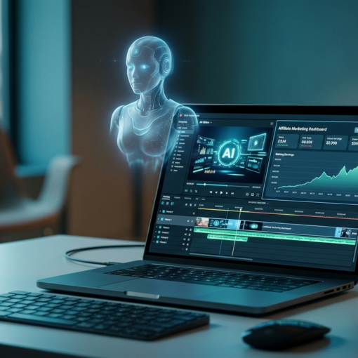 Affiliate marketing with AI content creation workspace showing automated video production and earnings growth