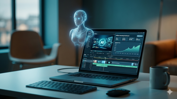 Affiliate marketing with AI content creation workspace showing automated video production and earnings growth