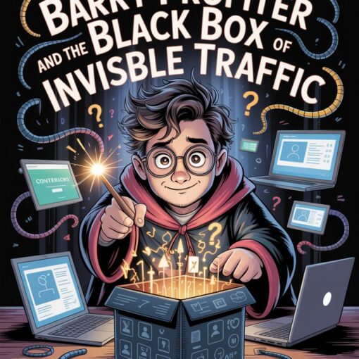 Cartoon-style illustration of a wizard-like entrepreneur examining a glowing black box emitting ghost-like traffic symbols, surrounded by laptops and confusing analytics data.