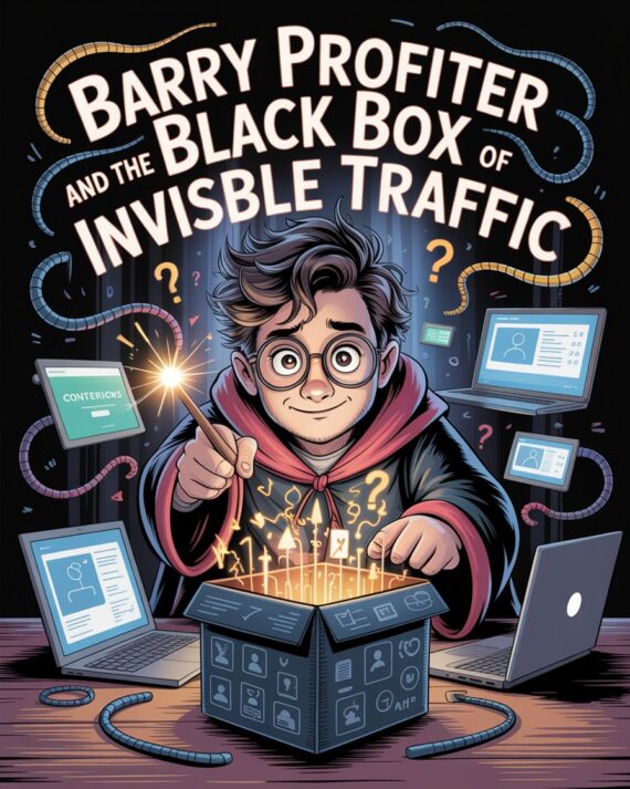 Cartoon-style illustration of a wizard-like entrepreneur examining a glowing black box emitting ghost-like traffic symbols, surrounded by laptops and confusing analytics data.