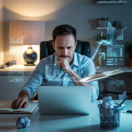 Male affiliate marketer at desk reacting to a failed idea on one side and noticing a new opportunity on the other.