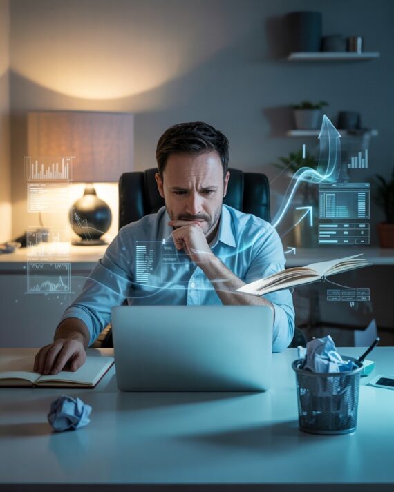 Male affiliate marketer at desk reacting to a failed idea on one side and noticing a new opportunity on the other.