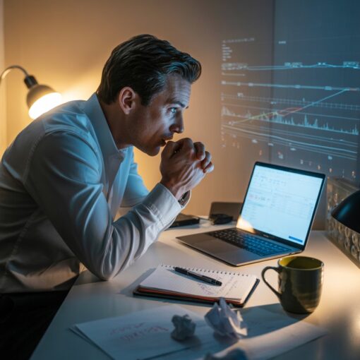 Male affiliate marketer at desk looking tense as laptop shows uncertain results, symbolising a moment between failure and breakthrough.