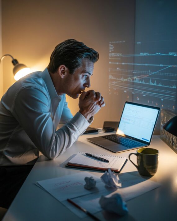 Male affiliate marketer at desk looking tense as laptop shows uncertain results, symbolising a moment between failure and breakthrough.