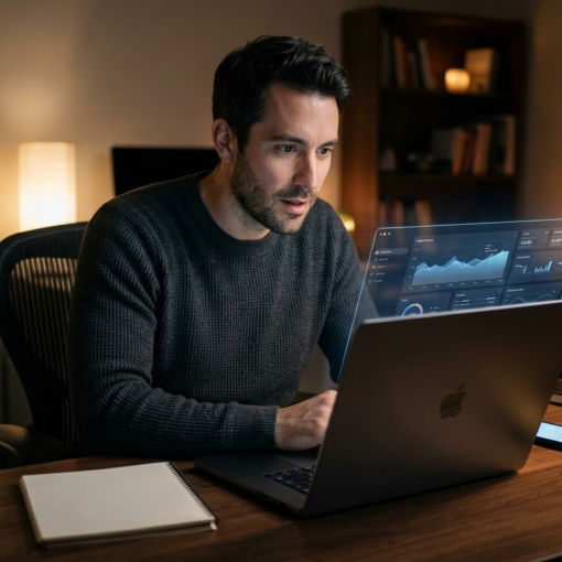 Male affiliate marketer at desk noticing first small success on laptop after starting from zero.