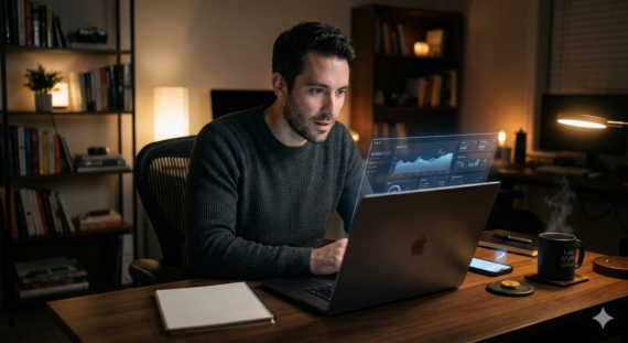 Male affiliate marketer at desk noticing first small success on laptop after starting from zero.