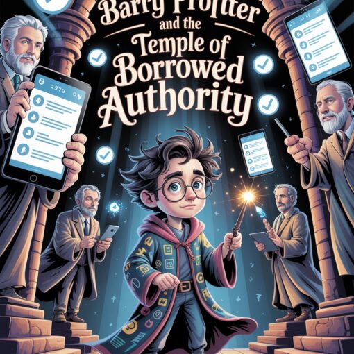 Cartoon-style illustration of a wizard-like entrepreneur inside a grand temple filled with glowing guru statues holding digital devices and projecting social proof symbols.