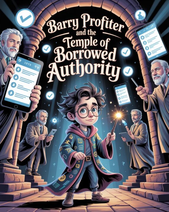 Cartoon-style illustration of a wizard-like entrepreneur inside a grand temple filled with glowing guru statues holding digital devices and projecting social proof symbols.
