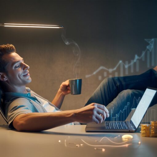 Male affiliate marketer relaxing at desk with laptop showing steady income growth, representing passive income online.