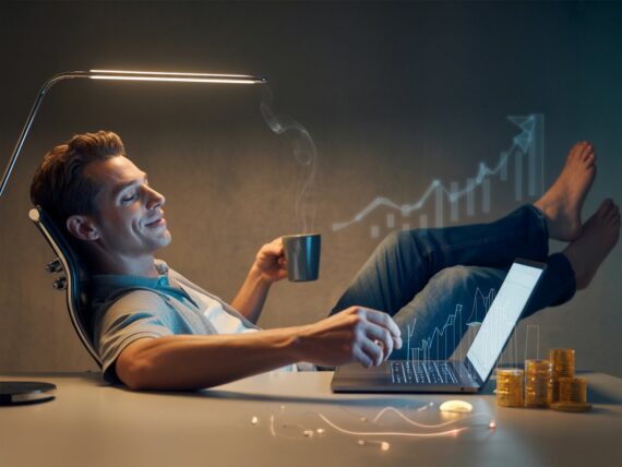 Male affiliate marketer relaxing at desk with laptop showing steady income growth, representing passive income online.