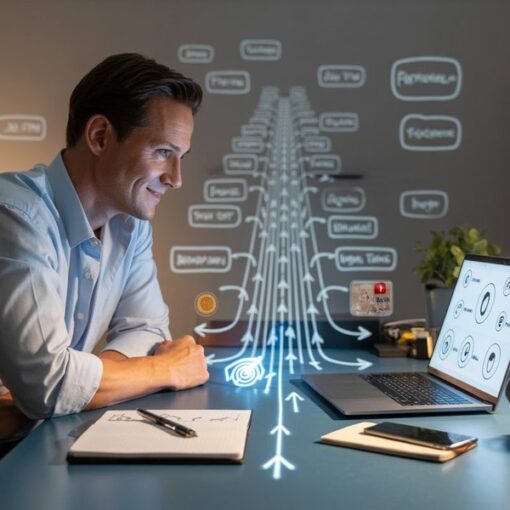 Male affiliate marketer working at a laptop with a clear digital pathway leading toward his first online commission.