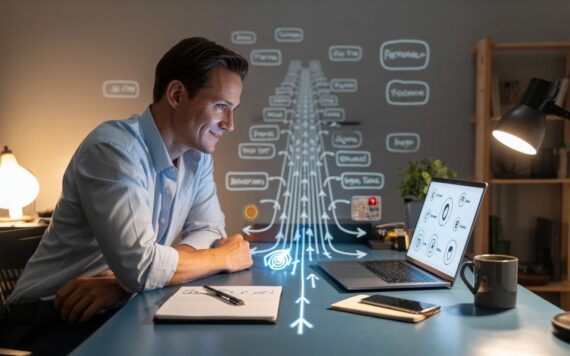 Male affiliate marketer working at a laptop with a clear digital pathway leading toward his first online commission.
