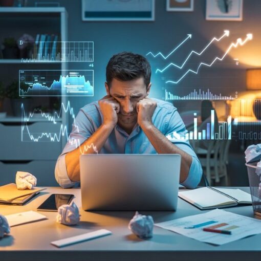 Male affiliate marketer reviewing failed plans and notes at his desk while analysing results on a laptop.